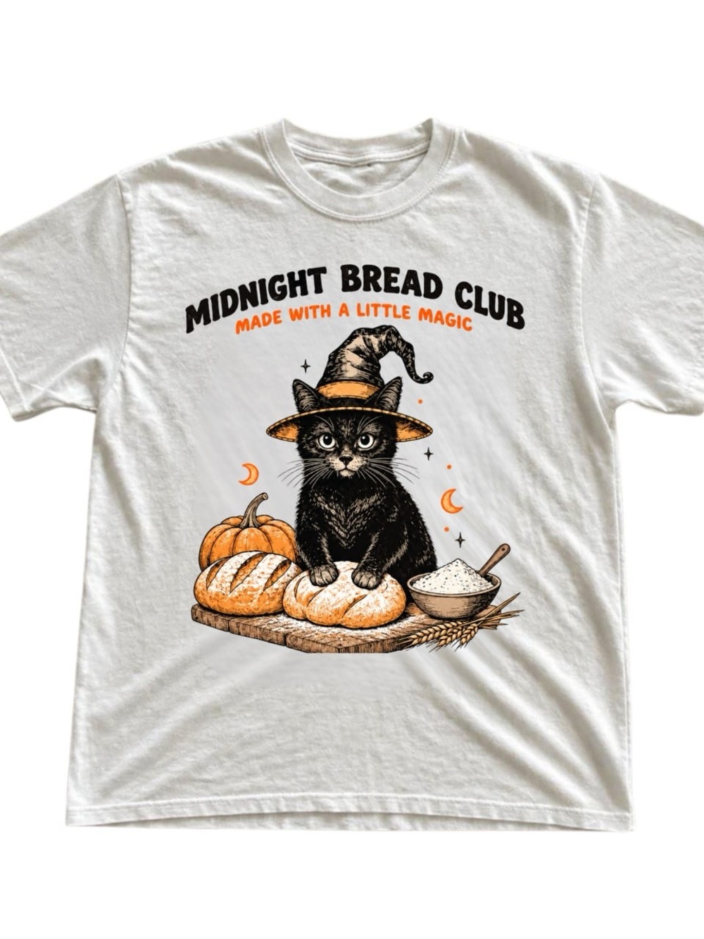 White Tee with Black Cat & Orange Accents